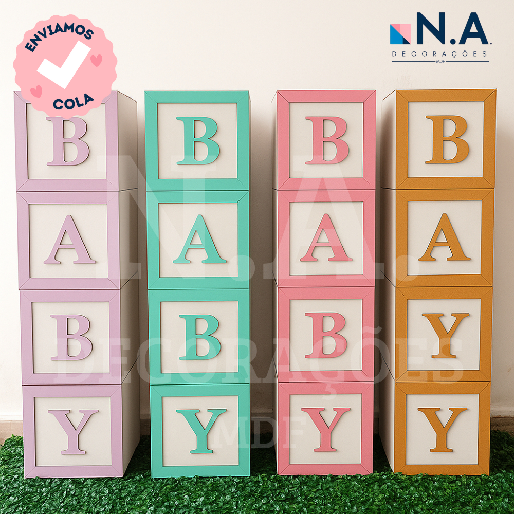 KIT Cubos BABY MDF 20cm – Kit c/ 4 Letras para Chá Revelação, Bebê ou Festa – Dourado e Cores