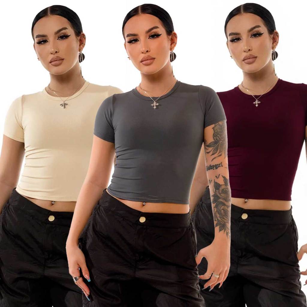 Kit 3 Baby Tee Feminina Blusa Slim Fit Baby Look Manga Curta Blusa de Compressão Academia