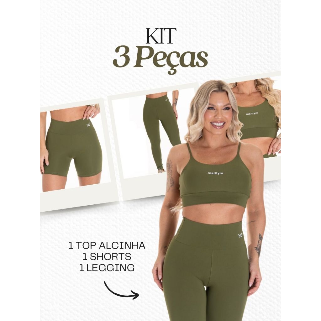 Kit FitnessTop, Legging e Short - Tecido Poliamida - Zero Transparência 3 Peças Academia