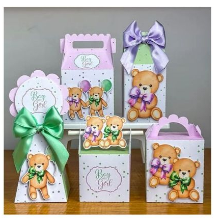 Caixinhas Personalizadas Chá de Bebê  Chá Revelação Ursinho Verde  e Lilás – Lembrancinhas Festa