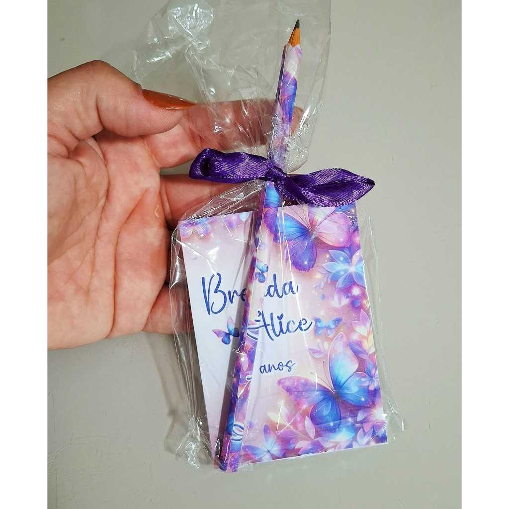 Kit Lembrancinha Personalizada com Bloquinho e Lápis | Borboletas - Aniversário, Chá de Bebê, Igreja - Qualquer ocasião