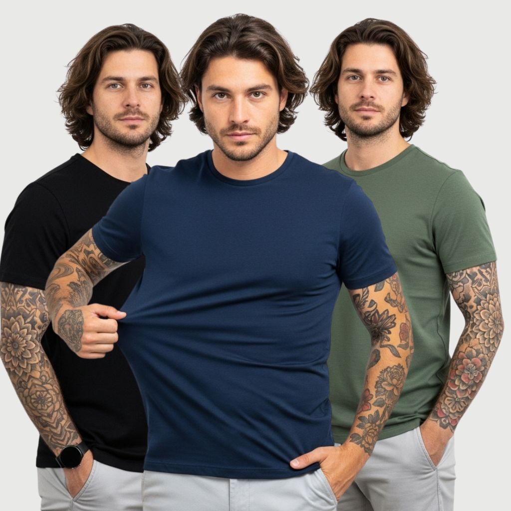 KIT 3 Camiseta Masculina Lisa Premium Tradicional com Elastano