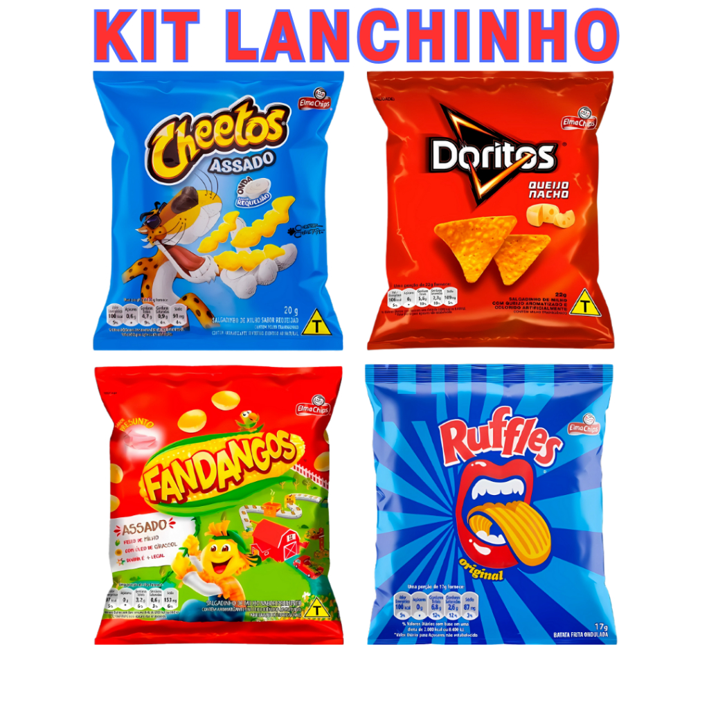 kit 20 salgadinhos Elma Chips Doritos Queijo Nacho, Ruffles Original, Cheetos Requeijão, Fandangos Milho Promoção