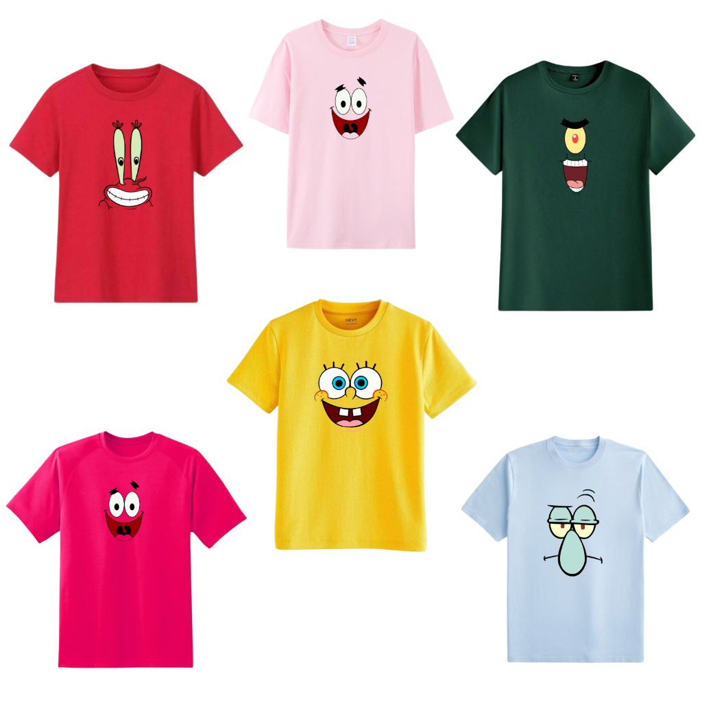 Camiseta Infantil Coloridas Algodão Malha fria Estampada Turma Bob Esponja Sirigueijo Patrick rosto