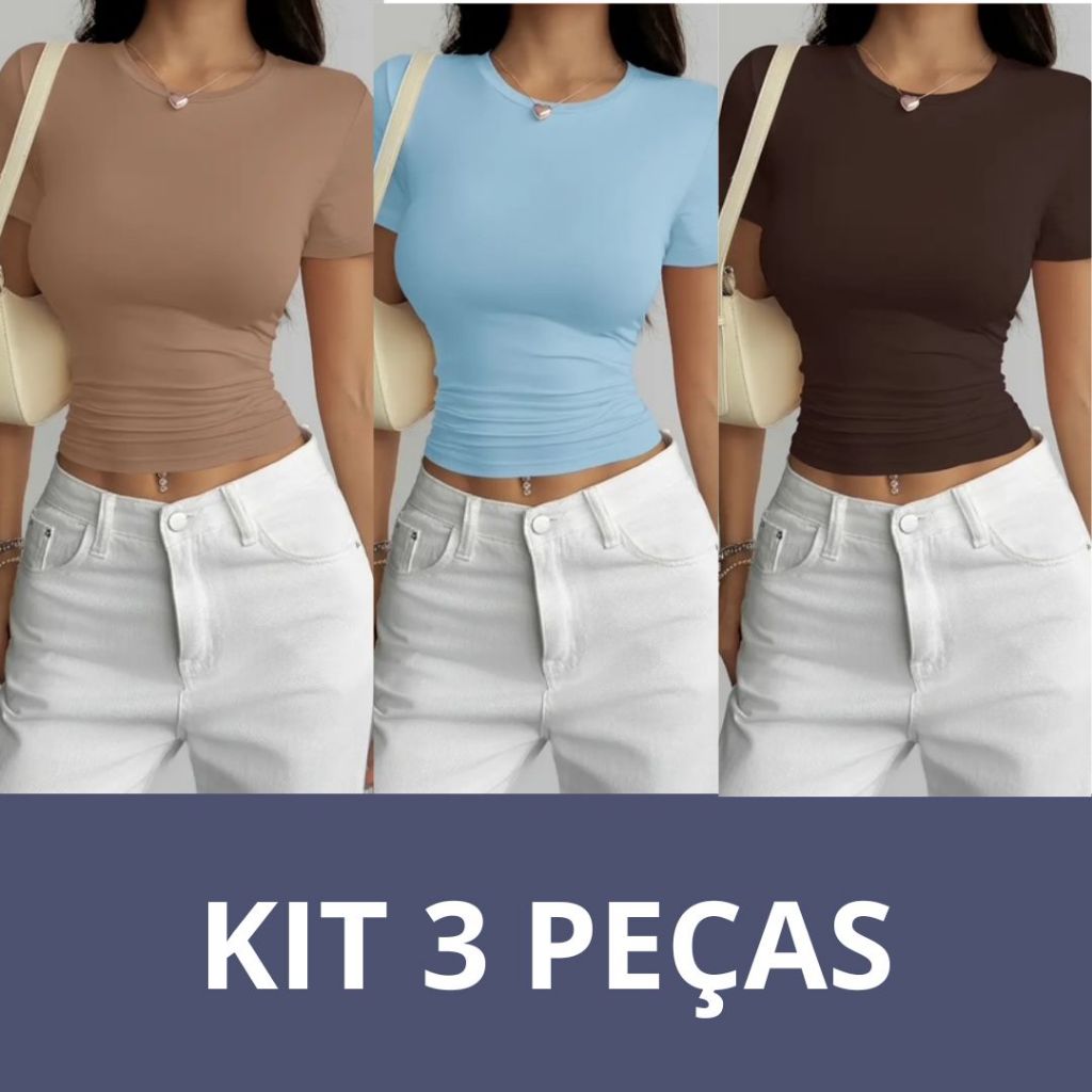 KIT 03 Blusa Feminina Baby Tee Manga Curta Básica Estilosa Academia Treinar Dia a Dia Moda Gringa em Oferta na Shopee