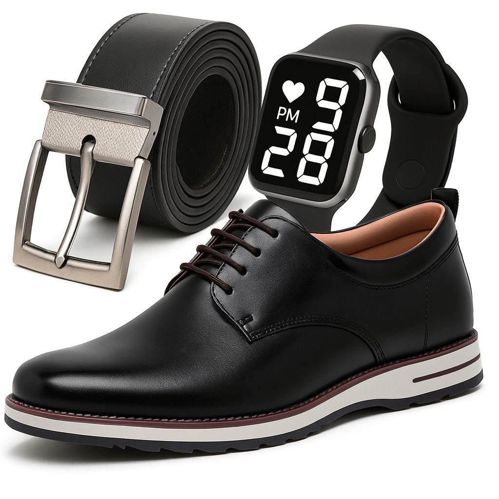 Sapato Social Masculino Oxford Derby Elegante de Couro Nobre Com Solado Costurado Super Leve Macio + Carteira e Relogio