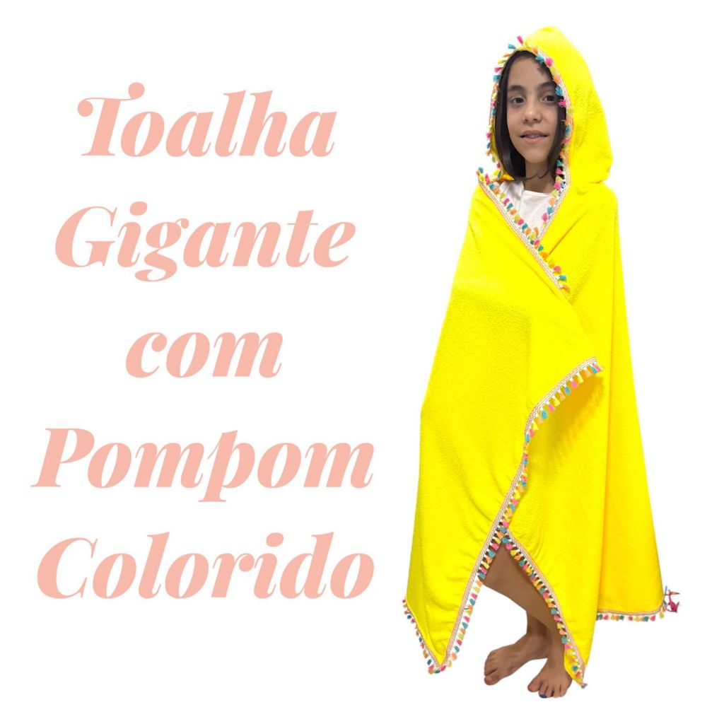Toalha Gigante com Capuz – Pompom Colorido, Macia e Absorvente para Banho, Praia ou Piscina
