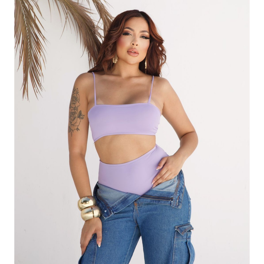 Conjunto Feminino Cropped Sem Bojo e Calcinha Cintura Alta Hot Pants Moda Fashion
