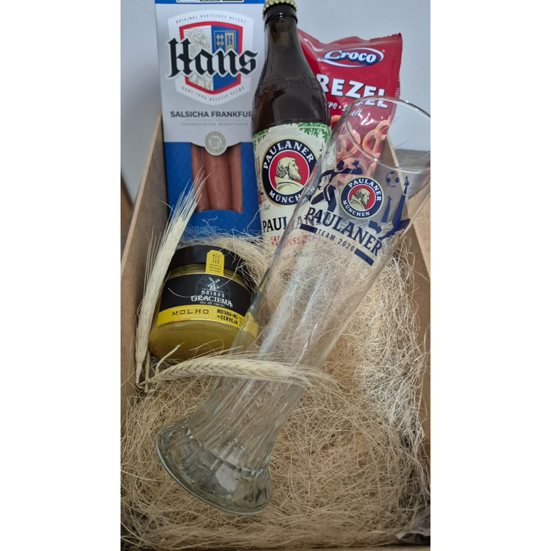 Kit Cesta  Gourmet Cerveja Alemã Importada Paulaner 500ml + Molho Gourmet Mostarda, Mel & Cerveja + Mini Pretzels