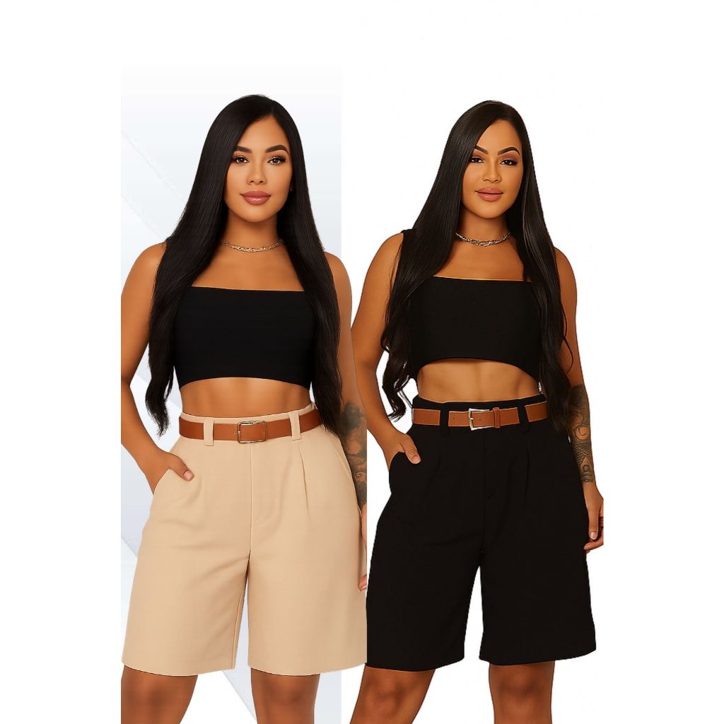 Kid  2 Peças do Bermuda Feminina Linho com Cinto – Modelo Alfaiataria com Bolsos Laterais e Cintura Alta em Oferta na Shopee