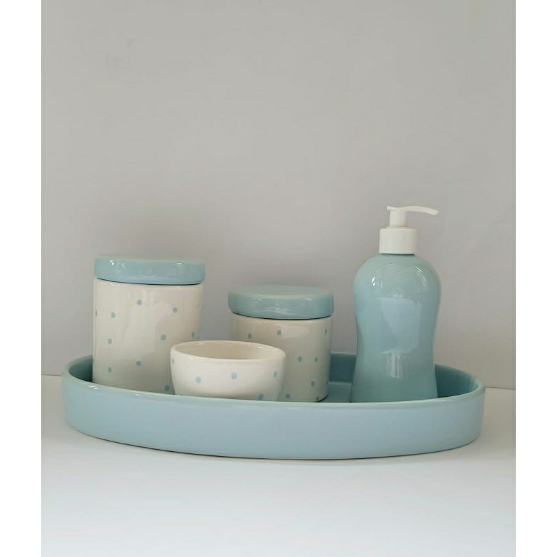 Kit Higiene Bebê Porcelana Poá Azul Bebe Band Oval Azul 05 Pçs