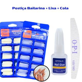 KIT 100 UNHAS POSTIÇAS Bailarina NATURAL REALISTA + COLA UNHA + LIXA BUMERANGUE UNHA 100 180 em Oferta na Shopee