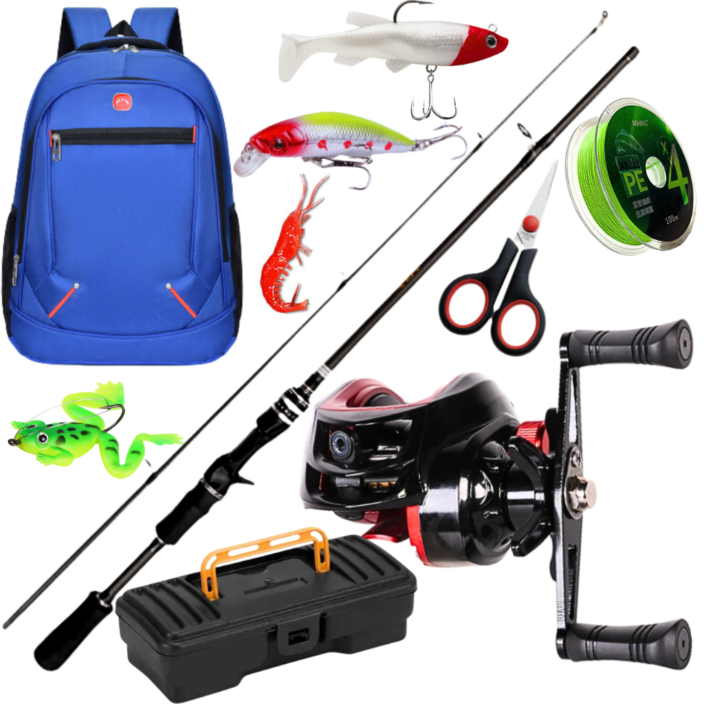 Carretilha de Pesca Anticabeleira Vara Fibra De Carbono Manivela Mão e Isca Artificial Kit Mochila.