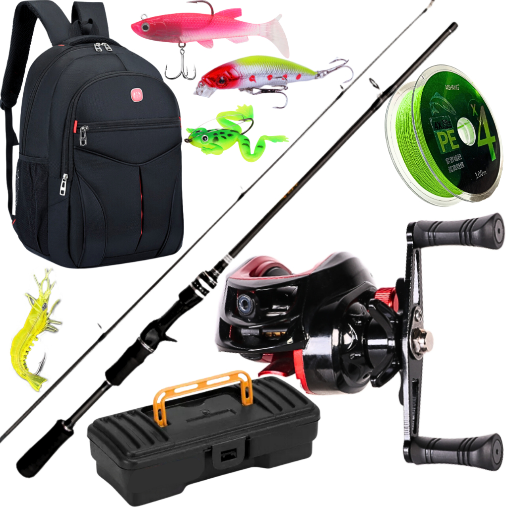Carretilha de Pesca Anticabeleira Mão Direita Esquerda Kit Vara Carbono Isca Artificial Praia Mar