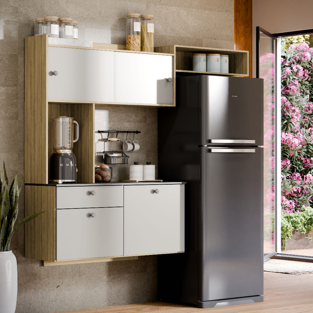 Kit Cozinha Compacta Lara Balcão + Armário Aéreo 4 Portas 1 Gaveta Branco/Damasco Off em Oferta na Shopee