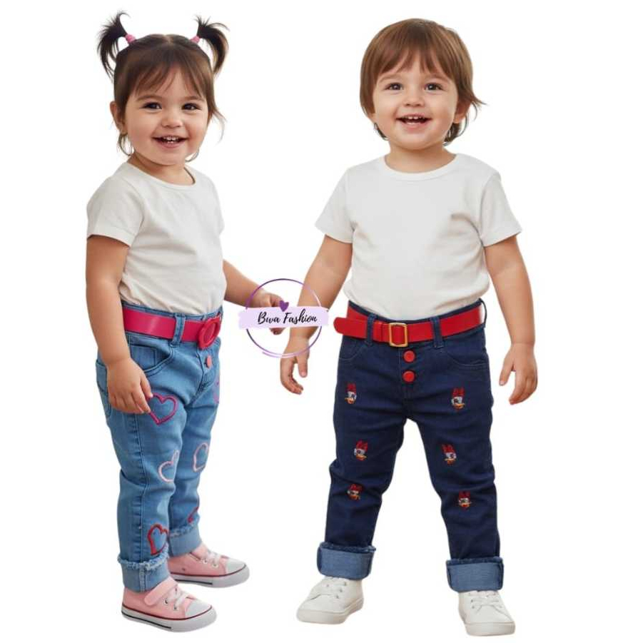 Calça jeans infantil bordada com cinto luxo