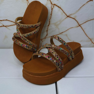 sandalia papete plataforma  feminina lançamento  flat alta strass brilho blogueira birken em Oferta na Shopee