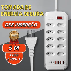 Extensão Elétrica Com Cabo 10 Tomadas Régua 4 USB 2 tipo-c