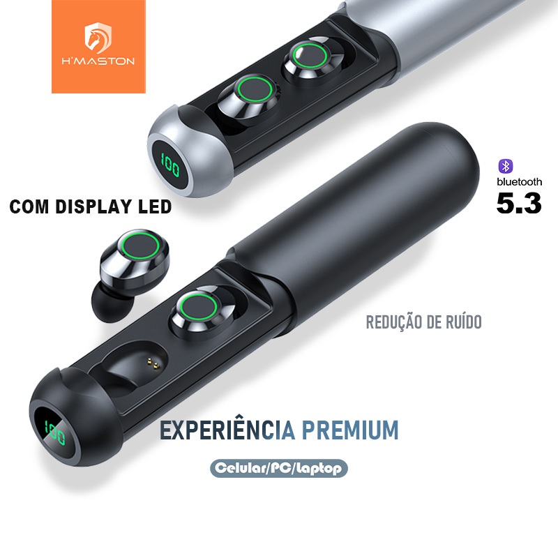 H'MASTON Sem fio Fone De Ouvido Bluetooth 5.3 TWS Fones In-ear com display LED Redução de Ruído