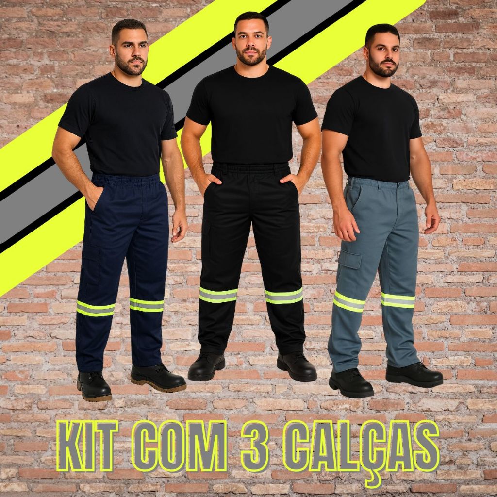 Kit 3 Calças De Uniforme Brim Profissional Faixa Refletiva em Oferta na Shopee