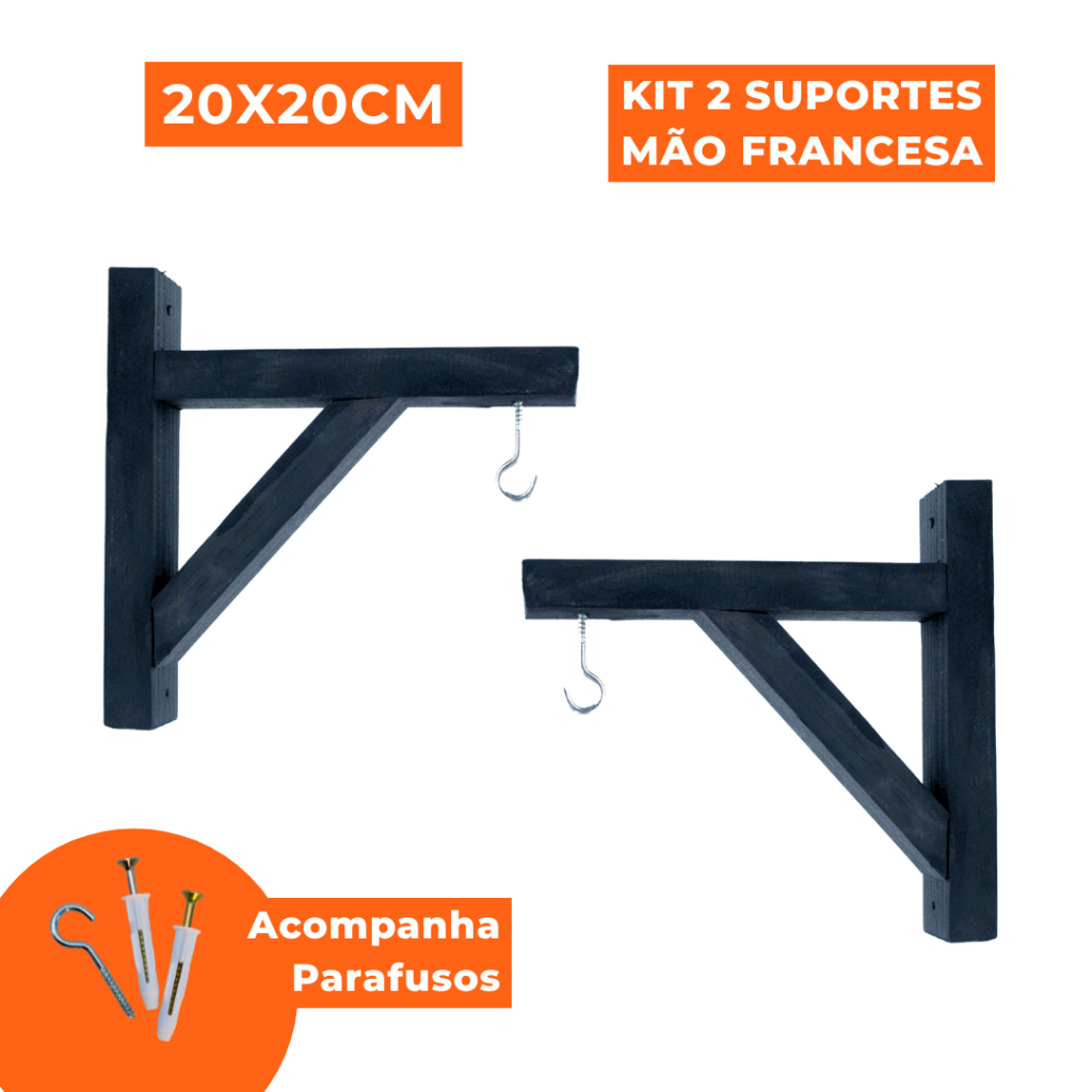 Kit 2 Suporte Mão Francesa Preta Prateleira Madeira Pinus 20x20cm com Gancho para Vaso, Planta, Prateleira