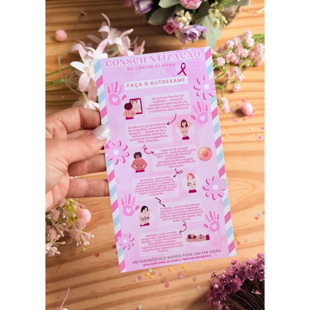 ENVIO RÁPIDO - 20 Panfletos Folheto Flyer 10x18cm Outubro Rosa autoexame, mimo, saúde da mulher, câncer de mama