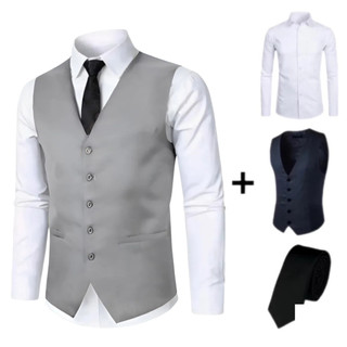 Kit Camisa Social Masculina + Colete P/ Ternos Slim Fit + Gravata Oxford Várias Cores