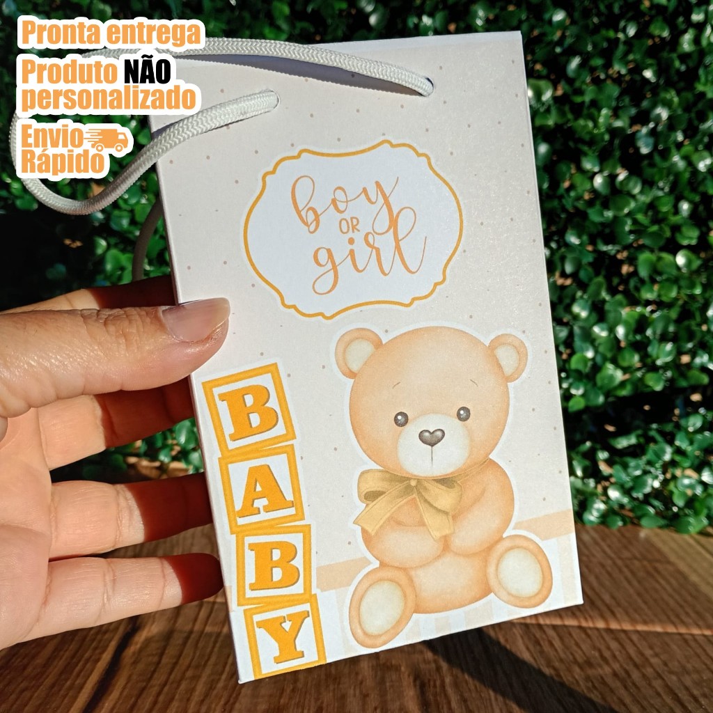Sacolinha Surpresa Lembrancinha Personalizada Chá Bebê Ursinho Dourado Neutro 2- Chá Revelação PEGUE E MONTE