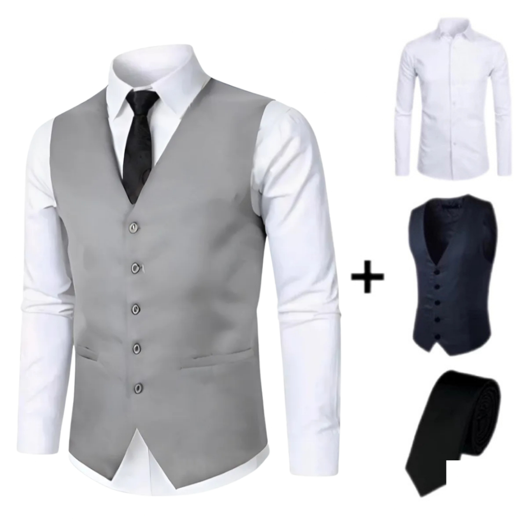 Kit Colete Social Slim + Camisa Masculina Confort P/ Eventos + Gravata Tradicional