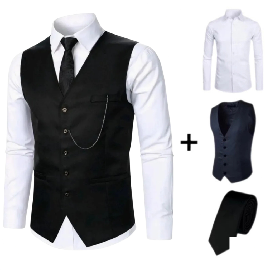 Kit Camisa Masculina P/ Eventos + Colete Social P/ Ternos + Gravata Premium Ofc