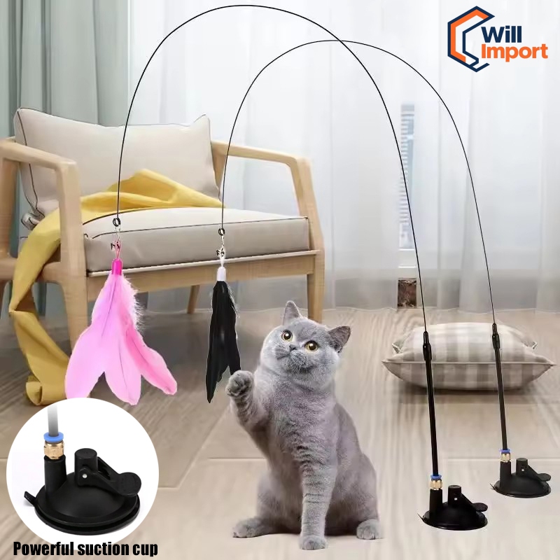 Brinquedo Interativo para Gatos – Varinha de Penas com Ventosa e Sino para Diversão