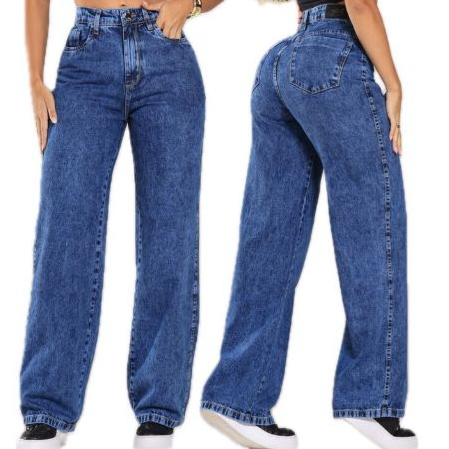 Calça Jeans Feminina Wide Leg Marmorizada Sem Lycra Cintura Alta Modelagem Premium