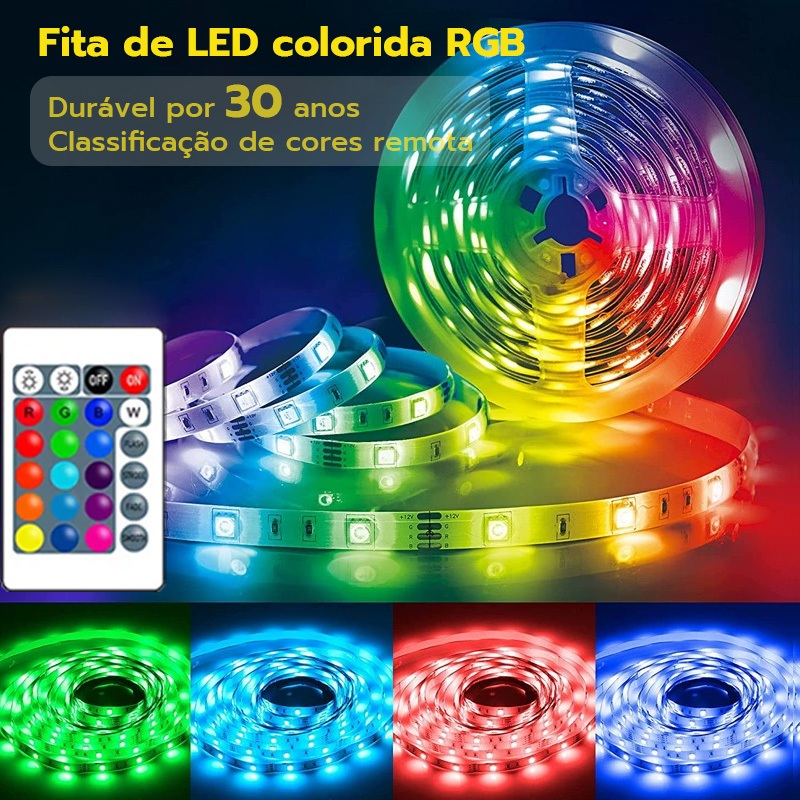 Fita de LED RGB de 20m com controle remoto,16 cores, dupla voltagem USB 12V, à prova d'água IP65, fita de luz decorativa em Oferta na Shopee