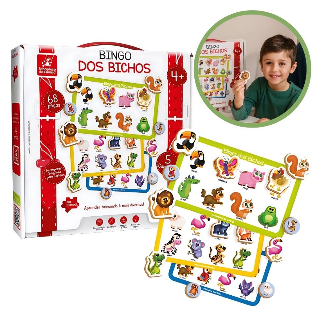 Jogo Educativo Infantil Bingo Dos Bichos Animais Brinquedo Em Madeira - Brincadeira De Criança