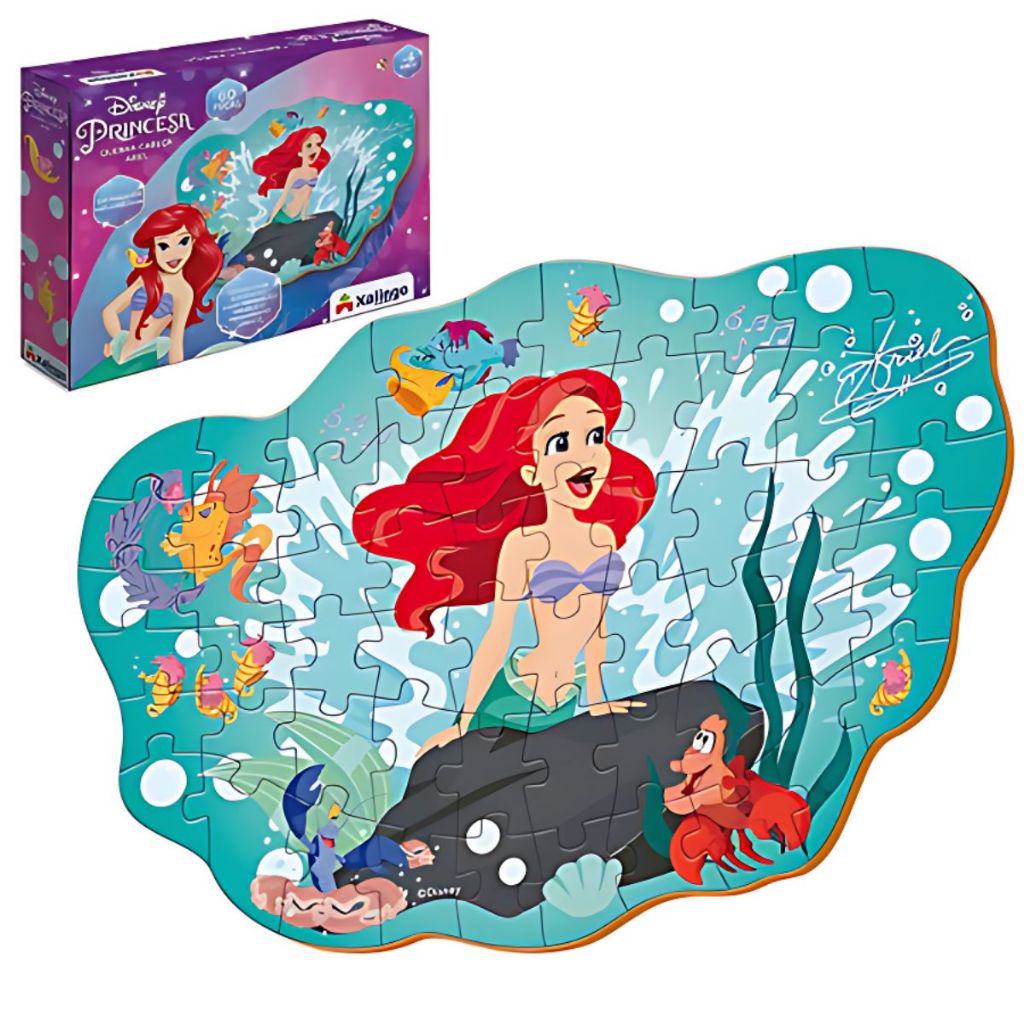 Jogo Quebra Cabeça Infantil Ariel A Pequena Sereia Disney 60 Peças De Madeira Infantil - Xalingo