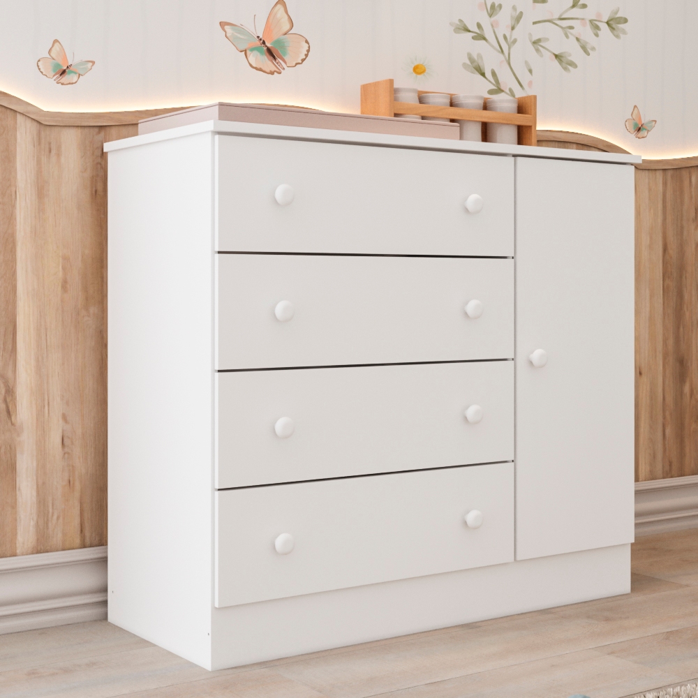 Cômoda Infantil 4 Gavetas com Porta Fraldário Lia 100% MDF Branca