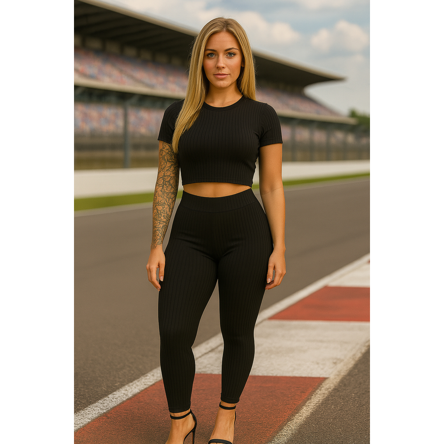 Conjunto Canelado 3D Feminino Cropped Manga Curta e Calça Legging Cintura Alta