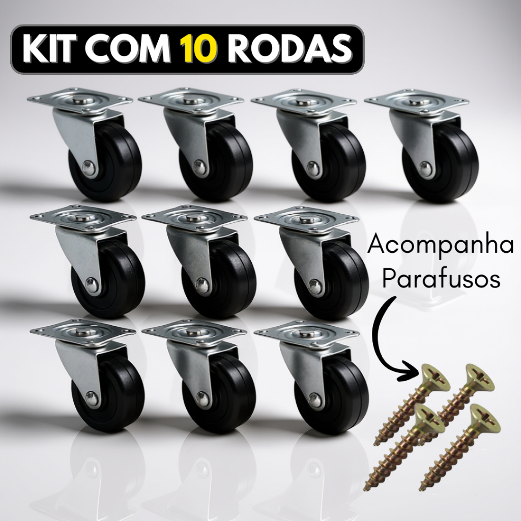 Kit 10 Rodinhas Para Moveis Pesado Com Parafusos Reforçada Rodizio Giratorio