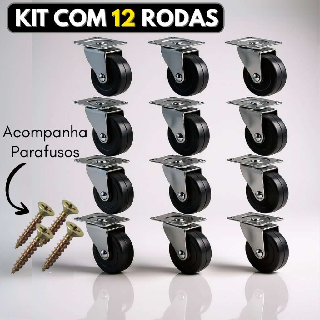 Kit 12 Rodinhas Para Moveis Pesado Com Parafusos Reforçada Rodizio Giratorio