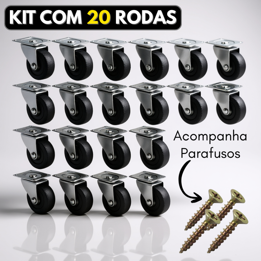 Kit 20 Rodinhas Para Moveis Pesado Com Parafusos Reforçada Rodizio Giratorio