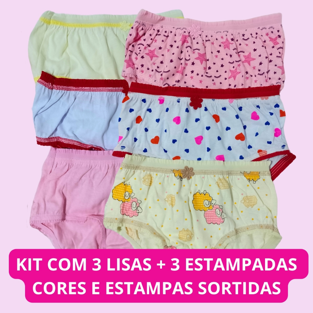 Kit 6 Calcinhas Infantil Juvenil Menina Lisa Kids Estampada Kellynha