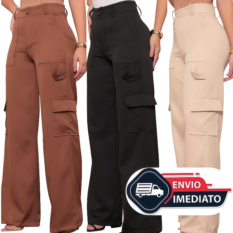 Calça Alfaiataria Social Feminina Pantalona Cargo Wide Leg Bolsos Cós Alto FORMA GRANDE AS PEÇAS