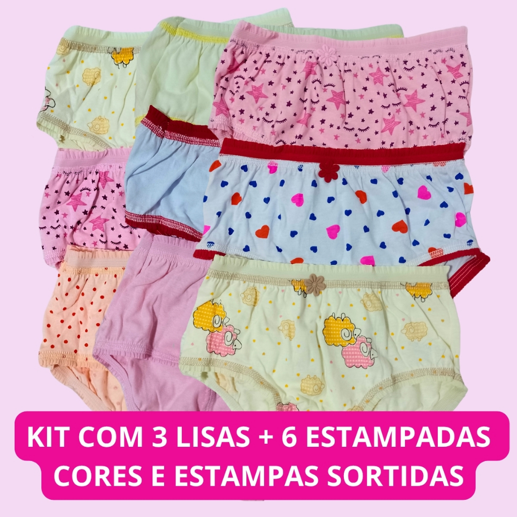 Kit 9 Calcinhas Infantil Juvenil Menina Lisa Kids Estampada Kellynha