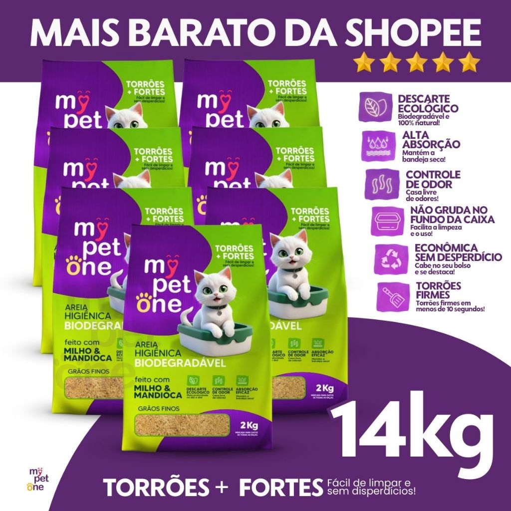 Kit 7 Areia Biodegradável Gatos Bio Gold Fina MyPetOne - 14Kg em Oferta na Shopee