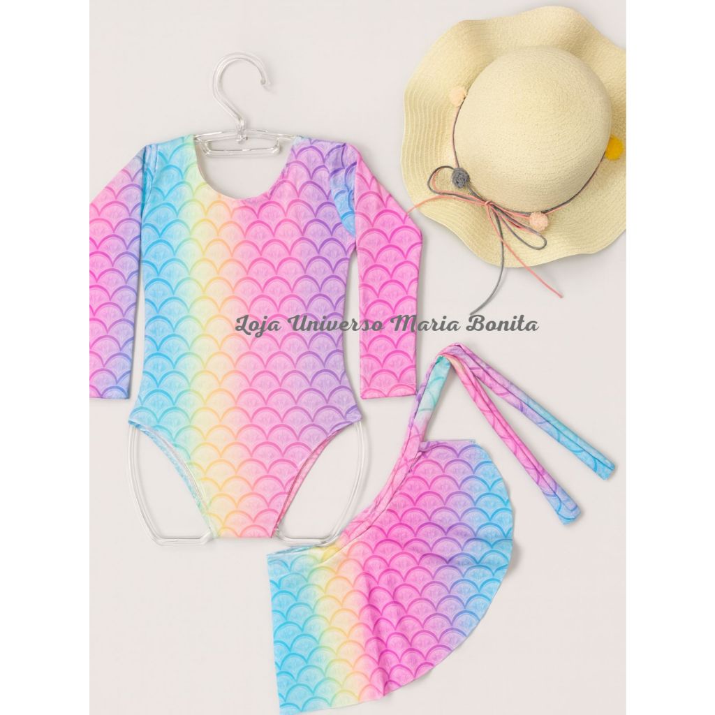 Kit Maiô Infantil Manga Longa Com Saída e Chapéu De Praia Com Proteção Solar UV