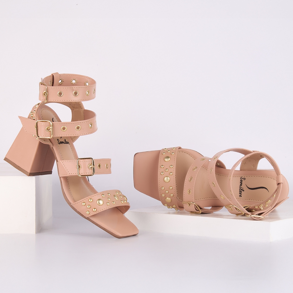 Sandália Feminina Salto Alto Bloco Tiras Esfera Blogueira Fivela Brilho Luxo Moda Promoção