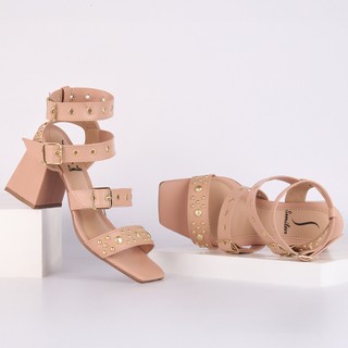 Sandália Feminina Salto Alto Bloco Tiras Esfera Blogueira Fivela Brilho Luxo Moda Promoção