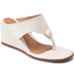 Sandália Feminina Lumiss Anabela De Dedo Confortável Enfeite Esfera Bico Redondo Off White