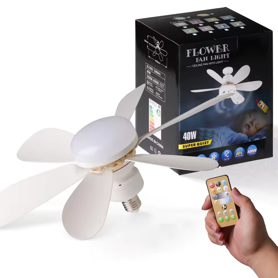 Mini Ventilador de Teto com Lâmpada LED 60W E27 Bivolt Controle Remoto 3 Velocidades e 3 Cores de Luz