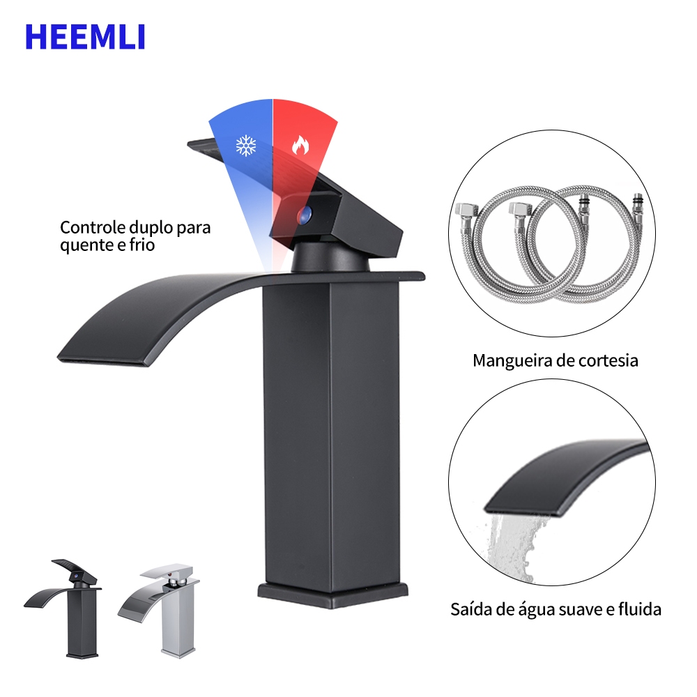 Heemli Torneira de Lavatório Inox Tipo Cascata Curva Baixa Preta de Água Quente e Fria para Banheiro em Oferta na Shopee